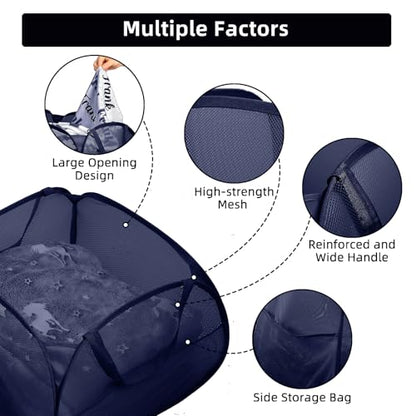 2 Pack Collapsible Foldable Laundry Baskets, 90L Large Durable Mesh Pop Up Hampers for Bedroom, Bathroom, Dorm, Laundry Room, Travel - Navy - color: 2xNavy