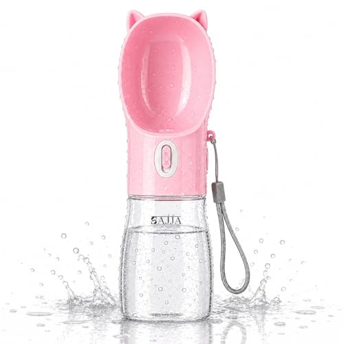 Dog Water Bottle Dispenser 380ml – Leak-Proof Lock, One-Hand Operation | Portable Pet Travel Water Bottle with Built-in Bowl | Pink- Don't Forget to Claim Your - color: Pink