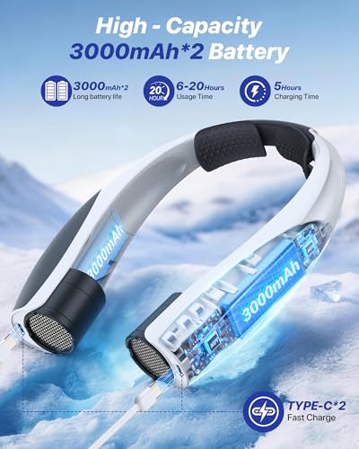 Kesguar Portable Neck Fan, 20H RunTime Cooling Fan, 6 Speeds 360° Airflow Personal Fan, Rechargeable Hands Free with 6000mAh Battery Wearable Fan Gifts for Women Men Outdoor Travel Camping - color: White Black