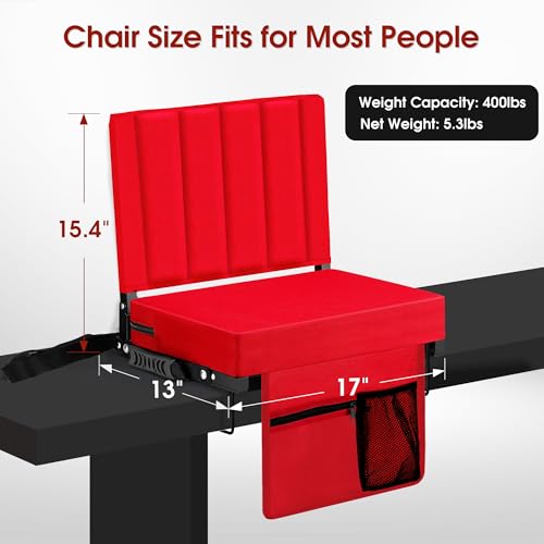 Stadium Seat for Bleachers with Back Support, Portable Bleacher Seat with Wide Comfy Padded Cushion, Metal Hook, Folding Stadium Chair with Shoulder Strap, Carry Handle, Cup Holder, Red - color: Red