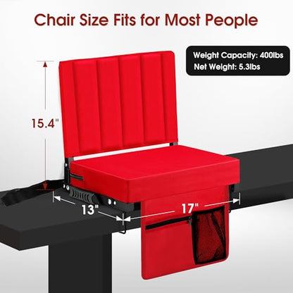 Stadium Seat for Bleachers with Back Support, Portable Bleacher Seat with Wide Comfy Padded Cushion, Metal Hook, Folding Stadium Chair with Shoulder Strap, Carry Handle, Cup Holder, Red - color: Red