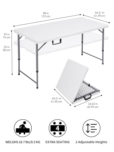 Folding Camping Table 4 Foot Adjustable Height 350lbs, 4FT Folding Picnic Card Table for Outdoor, Plastic Rectangular Dining Work Tables for Indoor, Heavy Duty Fold-in-Half Tray Tables - size: 4 FT