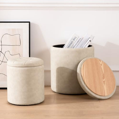 oakvivo Faux Leather Round Ottoman with Storage 12.6" W x 14.17" H & 14.76" W x 17.32" H Set of 2, Small Boucle Coffee Table Footstool with Removable Lid for Living Room, Bedroom, Beige - color: Beige