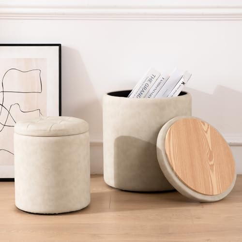 oakvivo Faux Leather Round Ottoman with Storage 12.6" W x 14.17" H & 14.76" W x 17.32" H Set of 2, Small Boucle Coffee Table Footstool with Removable Lid for Living Room, Bedroom, Beige - color: Beige