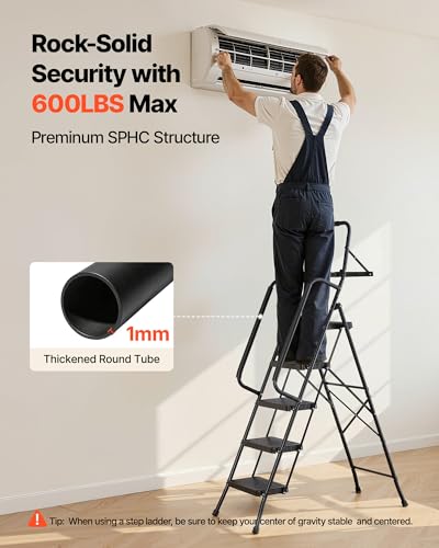 VEVOR 5 Step Ladder, Folding Step Stool with Wide Anti-Slip Pedal, Tool Tray, Dual Side Handrails, Portable Steel Ladder, Multi-Use for Kitchen, Home, Household and Office, Black - size: 20.9 x 41.9 x 68.5 in(Expanded)