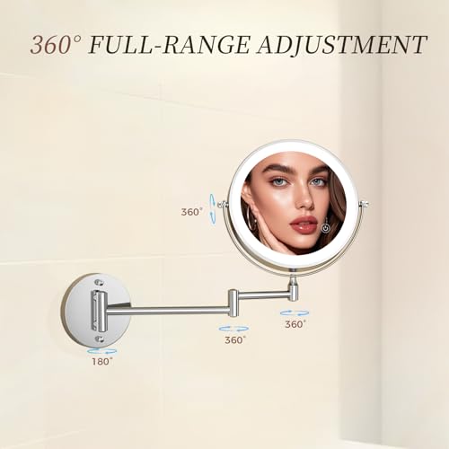 Rocollos Rechargeable Wall Mounted Lighted Makeup Mirror Chrome, 8 Inch Double-Sided LED Vanity Mirror 1X/10X Magnification,3 Color Lights Touch Screen Dimmable 360°Swivel 13 Inch Extendable - color: 8 Inch Chrome