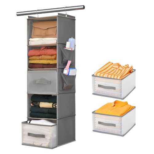 5-Tier Hanging Organizer for Closet, Fabric Closet Organizer with 2 Hooks, 2 Pull-Out Drawers, Foldable Space-Saving Storage (Gray) - color: 5-shelf Gray