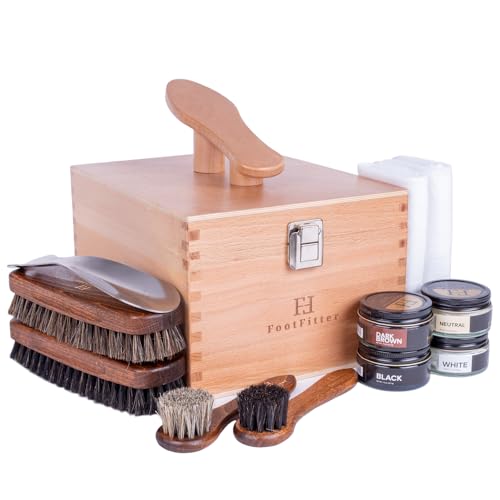 FootFitter Beech Wood Valet Box, Premium Shoe Shine Organizer with Classic Storage for Polish, Brushes, Cloths & Tools - color: Classic Creams Set