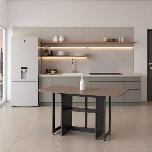 LotFun Folding Dining Table with 2 Storage Racks, Space Saving Dining Table with 6 Wheels, Kitchen Table for Small Spaces - color: Grayish Black + Gray Wood Grain