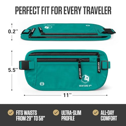VENTURE 4TH Money Belt for Travel – Slim Hidden Under-Clothes RFID Blocking Anti-Theft Passport Holder & Travel Wallet Pouch for Men & Women to Protect Cash, Cards & Documents (Turquoise) - color: Turquoise