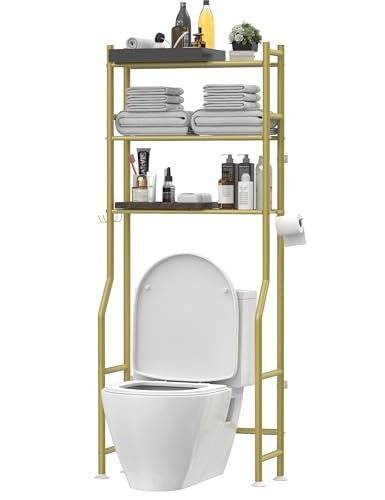 Livilord 3-Tier Over The Toilet Storage, Freestanding Metal Bathroom Shelves with 4 Hooks, Over Toilet Storage Shelf with Paper Holder, Above The Toilet Shelf for Bathroom Storage, Gold - color: G-gold