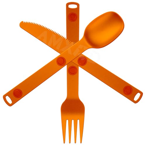 Magnetic Camping Utensils Set, Portable & Reusable Metal Travel Flatware, Camping Cutlery Set, Knife, Fork & Spoon, 3-PACK, Orange - color: Orange