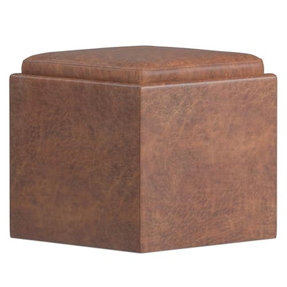 SIMPLIHOME Rockwood Cube Storage Ottoman with Tray - 17" Wide x 17" High Upholstered Vegan Leather Square Storage Ottoman in Distressed Saddle Brown, Contemporary Cube Ottoman with Serving Tray - color: Distressed Saddle Brown