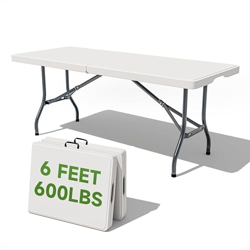 Folding Table 6 Foot - Heavy Duty 600LBS Capacity, Sturdy & Foldable Design with Safety Lock - Portable Tables Folding for Camping, Party, Indoor & Outdoor Use, 2 Pack - color: White, size: 6FT-2 PACK, style: Heavy Duty