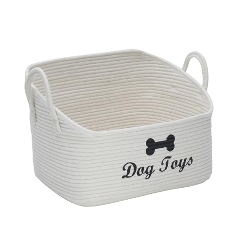 Large Dog Toy Basket-Woven Dog Toy Box for Living Room Area-Trapezoid Pet Toys Bin with Handle-Dog Organizer for Toys,Collar,Leash,Blanket -13.4''x11.8''x10.6''-Beige
