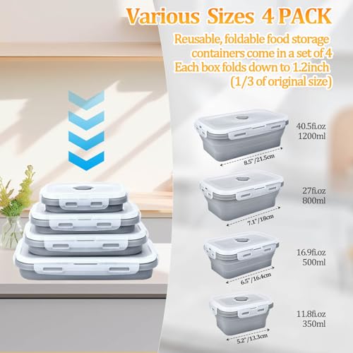 Collapsible Food Storage Containers with Lids, Silicone Meal Prep Containers BPA Free, Lunch Containers Collapsible Bowls Sets for Camping Storage Containers, Microwave Freezer Dishwasher Safe, Gray - color: Gray