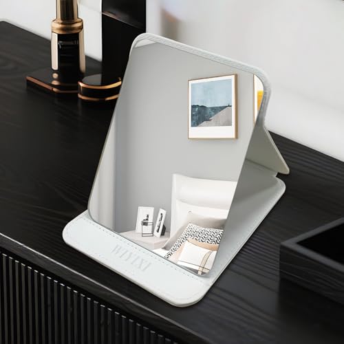 gogofree Foldable Desktop Mirror, 8" × 6" Adjustable Angle Makeup Mirror with Stand, Black Small Mirror for Travel Camping and Home (White)
