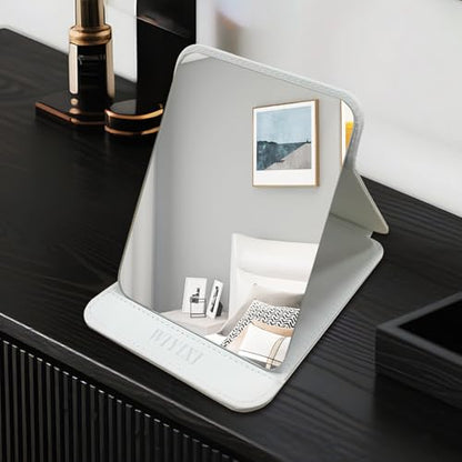 gogofree Foldable Desktop Mirror, 8" × 6" Adjustable Angle Makeup Mirror with Stand, Black Small Mirror for Travel Camping and Home (White)