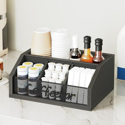 YATINEY Coffee Bar Organizer, Wooden Coffee Pod Organizer for Countertop, Versatile Pod Holder with Dividers, Holds Syrup, Cups, Tea Bags, Easy Assembly, Black KH11BB - color: Black