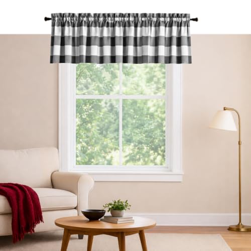 Gray Buffalo Check Valance 2 Pack, 54x18 Inches Farmhouse Window Valances with Rod Pocket, Curtain Panels for Kitchen, Dining, Living Room, Bathroom, Café, Rustic Home Décor, Grey - color: Grey, Buffalo, size: 18"W x 54"L (Pack of 2)