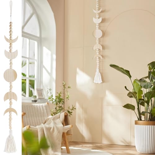 Wooden Moon Phase Wall Hanging, Celestial Bedroom Decor Aesthetic Boho for Home (Beige) - color: Beige