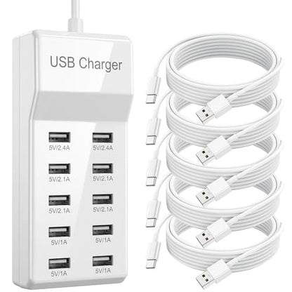 10-Port USB Charging Station 50W 10A with 5-Pack USB-A to C Cables, Ultra-Compact Multi Device Charger Block, Desktop Charging Hub Organizer for Phone, Tablet, Earbuds (White)