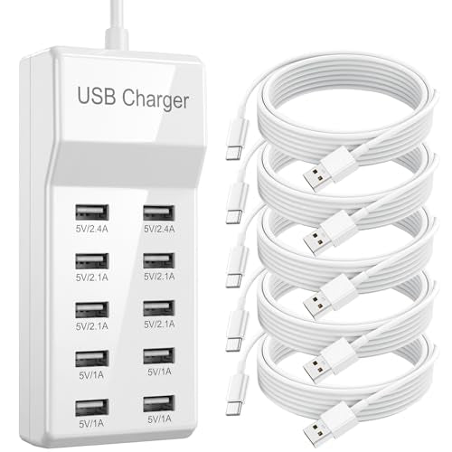 10-Port USB Charging Station 50W 10A with 5-Pack USB-A to C Cables, Ultra-Compact Multi Device Charger Block, Desktop Charging Hub Organizer for Phone, Tablet, Earbuds (White)