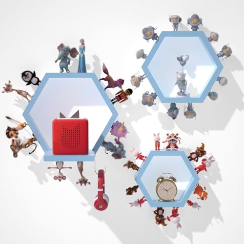 Hexagon Tonies Shelf Magnetic Set of 3, Wall Toy Storage for TonieBox Blue | Wooden Tonies Storage Shelf for Kid Room, Display Floating Shelves Compatible with Tony Accessories, Hold 40 Tonie Figures - color: Blue