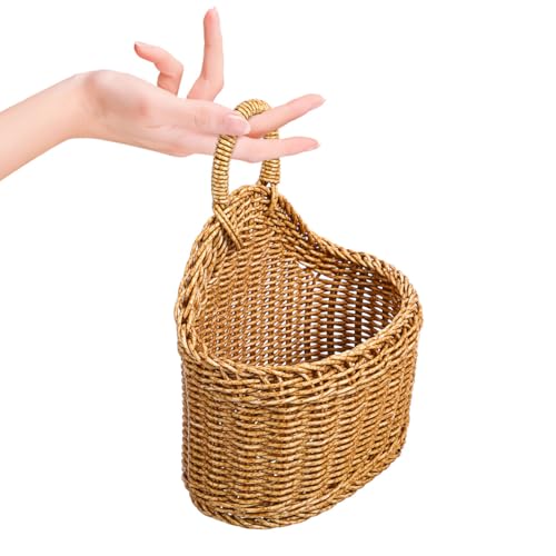 Toyvian Wall Hanging Woven Basket, Boho Plastic Rattan Storage Bin for Garlic Ginger Onion Decorative Farmhouse Wall Basket for Kitchen Pantry Bathroom Garden Washable, 9.6x7.5inch