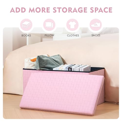 B FSOBEIIALEO Folding Storage Ottoman, Faux Leather Footrest Seat Long Shoes Bench Box Chest, Pink 30"x15"x15" - color: Pink, size: Large