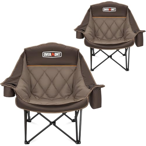 Overmont Oversized XL Camping Chair for Adults - 2 Pack 500lbs Support Heavy-Duty Padded Folding Chair with Side Pocket Cup Holder Cooling Bag for Outdoor Sports Garden Beach Fishing Lawn Khaki - color: Khaki 2pcs New