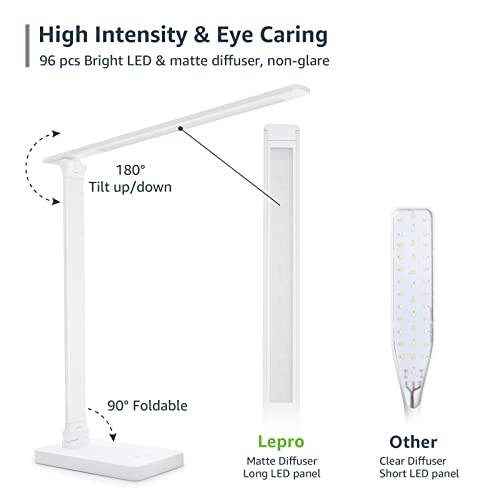 Lepro LED Desk Lamp with USB Charging Port, 700LM Dimmable Home Office Touch Control Reading Table Lamp,5 Color Modes with 5 Brightness Level, Dorm Room Essentials, Task Lamp, Sewing, Crafting, White - color: White