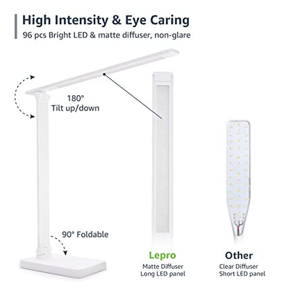 Lepro LED Desk Lamp with USB Charging Port, 700LM Dimmable Home Office Touch Control Reading Table Lamp,5 Color Modes with 5 Brightness Level, Dorm Room Essentials, Task Lamp, Sewing, Crafting, White - color: White
