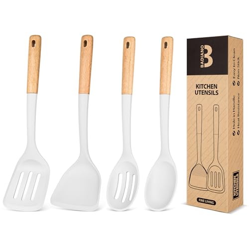 Silicone Cooking Utensils Set, Perfectly Angled for Frying, Mixing,Serving,Draining,Turning and Stirring, BPA-Free Matte Silicone, Wood Handles, Safe for Nonstick Cooking Surfaces,4 Pack (White) - color: White