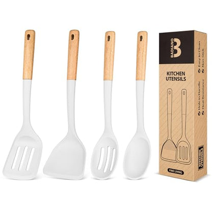 Silicone Cooking Utensils Set, Perfectly Angled for Frying, Mixing,Serving,Draining,Turning and Stirring, BPA-Free Matte Silicone, Wood Handles, Safe for Nonstick Cooking Surfaces,4 Pack (White) - color: White