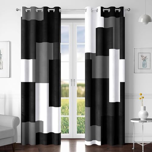 Tyrot Black Grey 100% Blackout Curtains for Bedroom 108 inch Extra Long 2 Panels Set White Grey Modern Abstract Geometric Black Out Curtains Room Darkening Window Drapes for Living Room, 52Wx108L - color: Grey, size: 52"W x 108"L (Pack of 2)