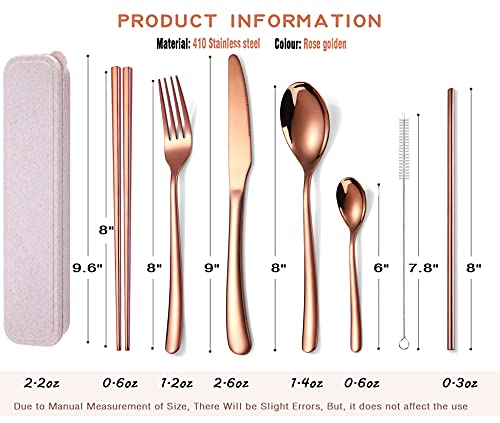 AARAINBOW 7 Pieces Stainless Steel Flatware Set Portable Reusable Cutlery Set Travel Utensils Set Including Chopsticks Knife Fork Spoon Straws Cleaning Brush Dishwasher Safe (7 Rose Golden) - color: Rose Golden