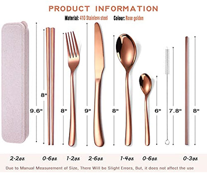 AARAINBOW 7 Pieces Stainless Steel Flatware Set Portable Reusable Cutlery Set Travel Utensils Set Including Chopsticks Knife Fork Spoon Straws Cleaning Brush Dishwasher Safe (7 Rose Golden) - color: Rose Golden