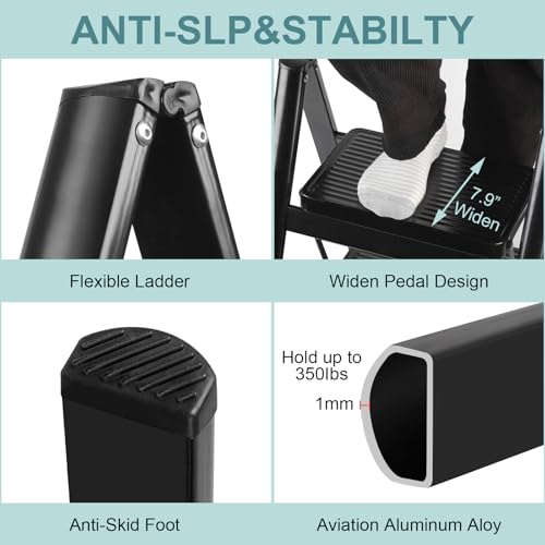 Upgraded 2 Step Ladder, 330 lbs Folding Aluminum Step Stool with Wide Anti-Slip Pedals, Lightweight & Portable Ladder for Kitchen, Closet, Office, Home Use - Black
