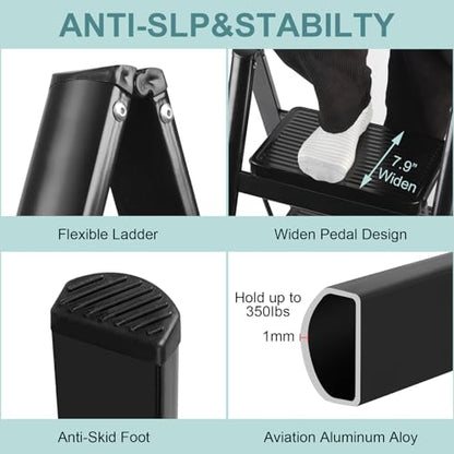 Upgraded 2 Step Ladder, 330 lbs Folding Aluminum Step Stool with Wide Anti-Slip Pedals, Lightweight & Portable Ladder for Kitchen, Closet, Office, Home Use - Black