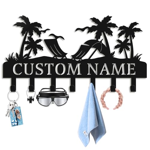 Personalized Key Holder for Wall, Custom Name Metal Key Hanger, Key Hooks with Beach Design, Metal Palm Tree Wall Decor for Living Room, Entryway, Office, Home Decor Aesthetic - color: 04-Beach