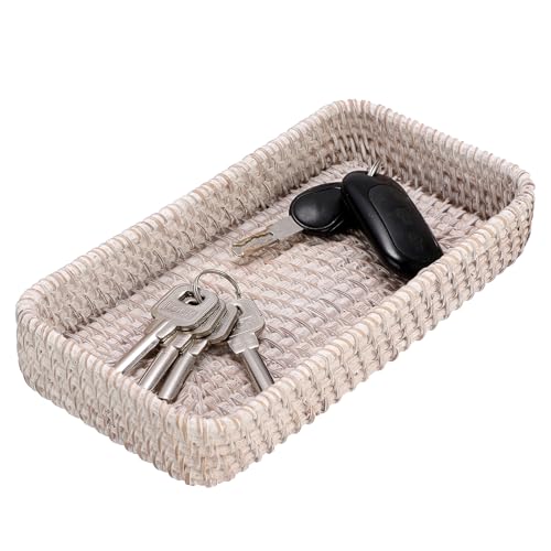 Hipiwe Rattan Key Tray Handwoven Wicker Baskets for Entryway Table Vanity Decorative Serving Tray for Candy Rectangular Fruit Basket, Whitewash - color: Whitewash, size: 8.3" x 4.7" x 1.6"