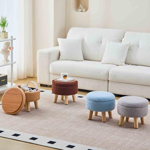 Wimarsbon Storage Ottoman, Modern Round Footrest with Soft Padded Seat, Teddy Velvet Footstool with Wood Legs, Accent Small Table or Plant Stand for Hallway, Living Room (Blue) - color: Blue