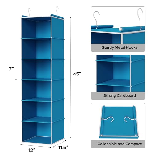MAX Houser 6-Shelf Hanging Closet Organizer, Hanging Storage Shelves with 2 Sturdy Hooks Space-Saving for Bedroom, Foldable (Blue) - color: Blue