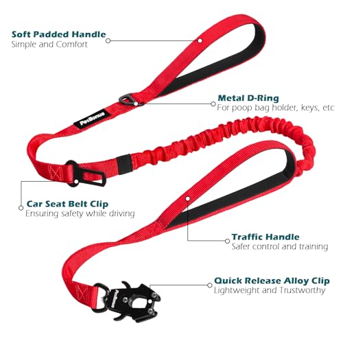 PetBonus Heavy Duty Tactical Dog Leash, 5 FT Bungee Shock Absorption Leash with 2 Padded Handles, Quick Release Metal Clip, Car Seatbelt, No Pull Training Lead for Large Medium Dogs（Red） - color: Red