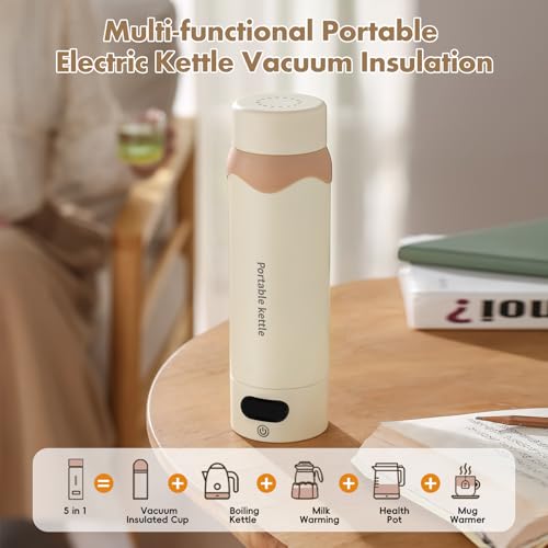 Insulated Stainless Steel Electric Kettle Small, Smart Water Bottle with 4 temperature control, Leak-Proof, Mini Travel Essentials Portable Office Gifts for Tea Lovers, Cream