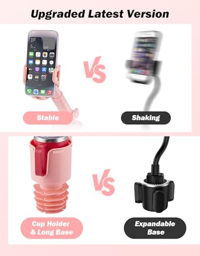 JOYTUTUS Cup Holder Phone Mount for Car, Car Cellphone Large Adapter Long Arm with 360 Degree Rotation, Compatible iPhone, Samsung & All Smartphones,Pink,1 Pack - color: PINK