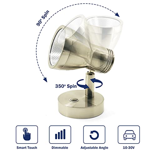 THALASSA RV Overhead Reading Light 12V LED Spotlight Camper Motorhome Interior Warm Light Brushed Nickel with Blue Small Reminder Light, Adjustable Touch Dimmer Switch 3W DC 10-30V - color: Brushed Nickel Finish