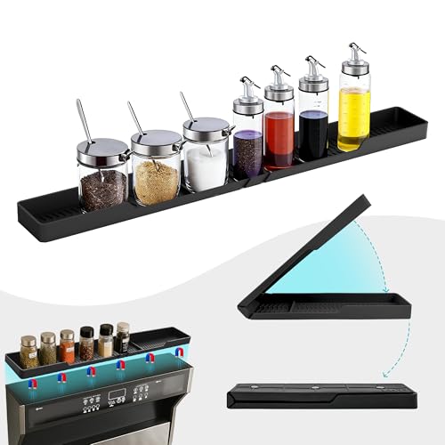 Silicone Over The Stove Shelf, 30 Inch Magnetic Stove Top Organizer - No Drill Space Saving Storage Rack for Spices & Kitchen Utensils, Perfect for Small Kitchen & Apartments （Black） - color: Black