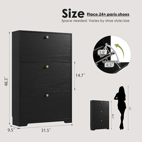 Nicetree Shoe Cabinet with 3 Flip Drawers, Narrow Shoe Organizer Cabinet, Freestanding Shoe Rack Cabinet, Modern Shoe Storage Cabinet for Entryway, Hallway, Foyer, Black with Hook - color: Black, style: 3-Drawers with Hook